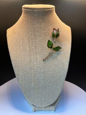 Vintage Gold-Tone Single Pink Rose Brooch with Stem and Leaves